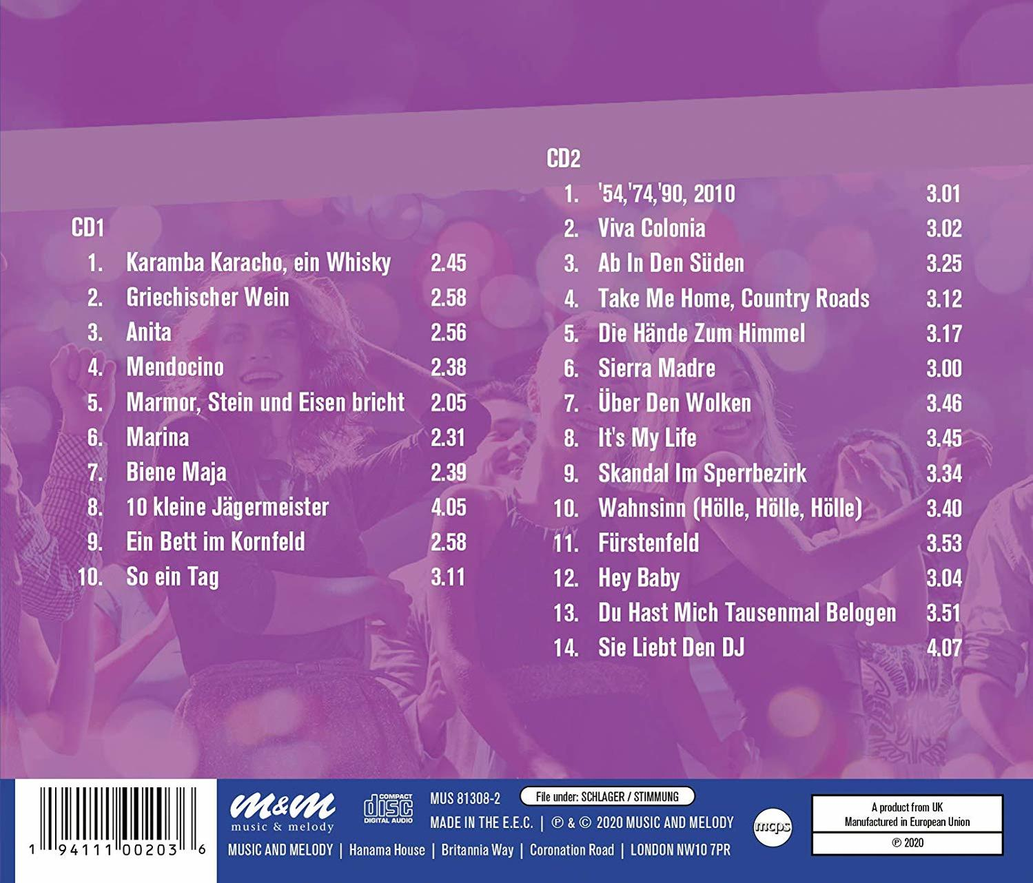 Rückseite einer CD-Hülle mit Titelliste, hauptsächlich lila und rosa.