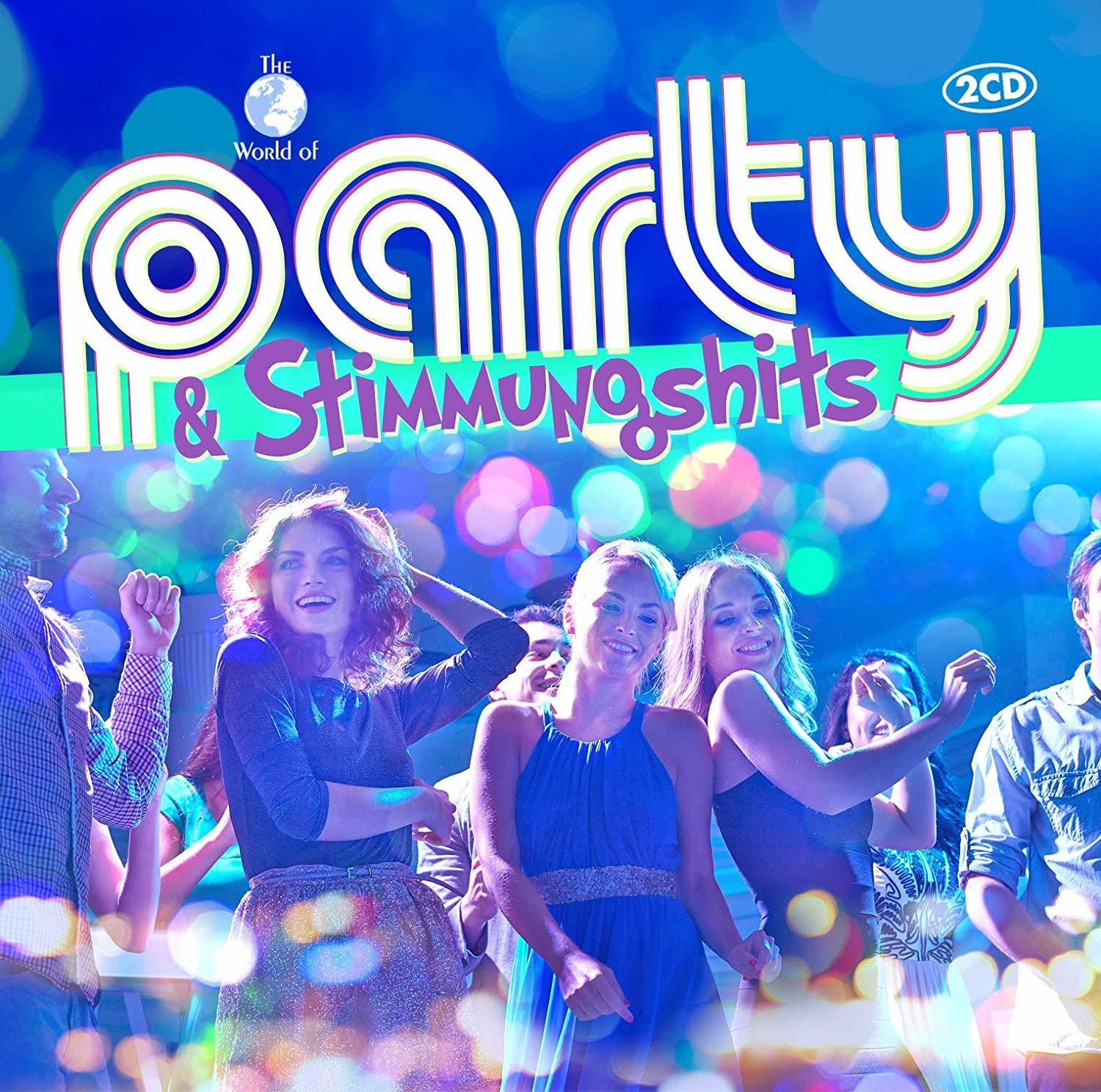 Tanzende Menschen, bunte Lichter und Text 'Party & Stimmungshits'.