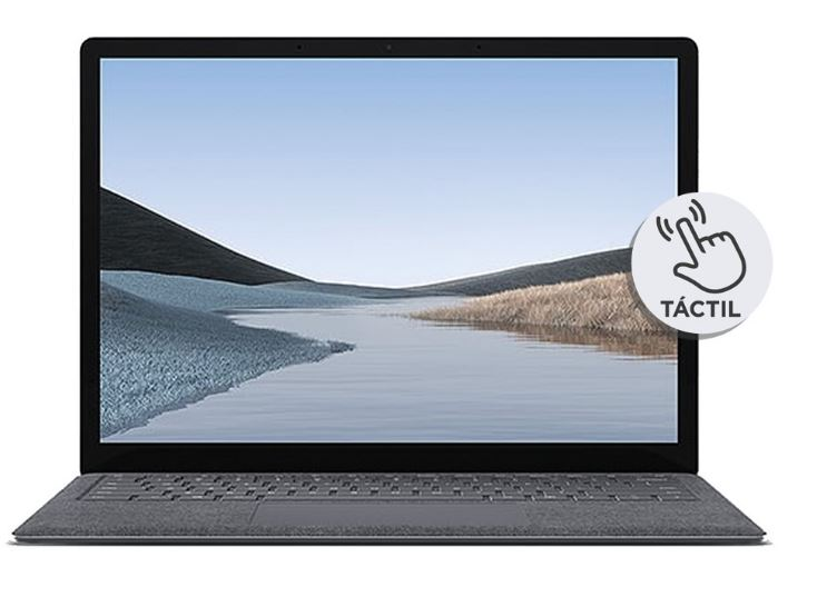 Portátil con pantalla de paisaje, icono táctil arriba a la derecha. Teclado gris oscuro.