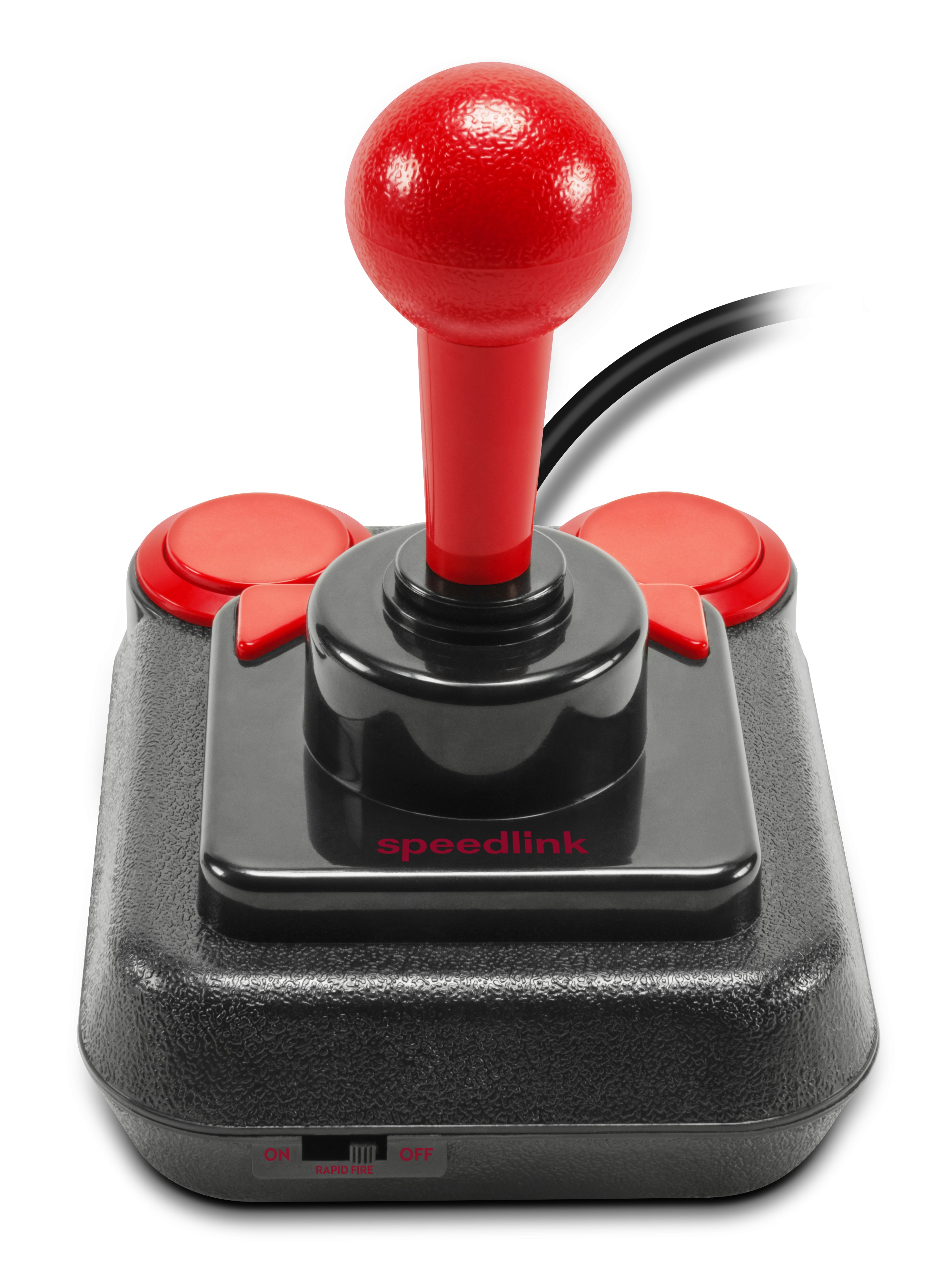 Schwarzer und roter Speedlink-Joystick. Er hat einen roten kugelförmigen Griff und rote Knöpfe.