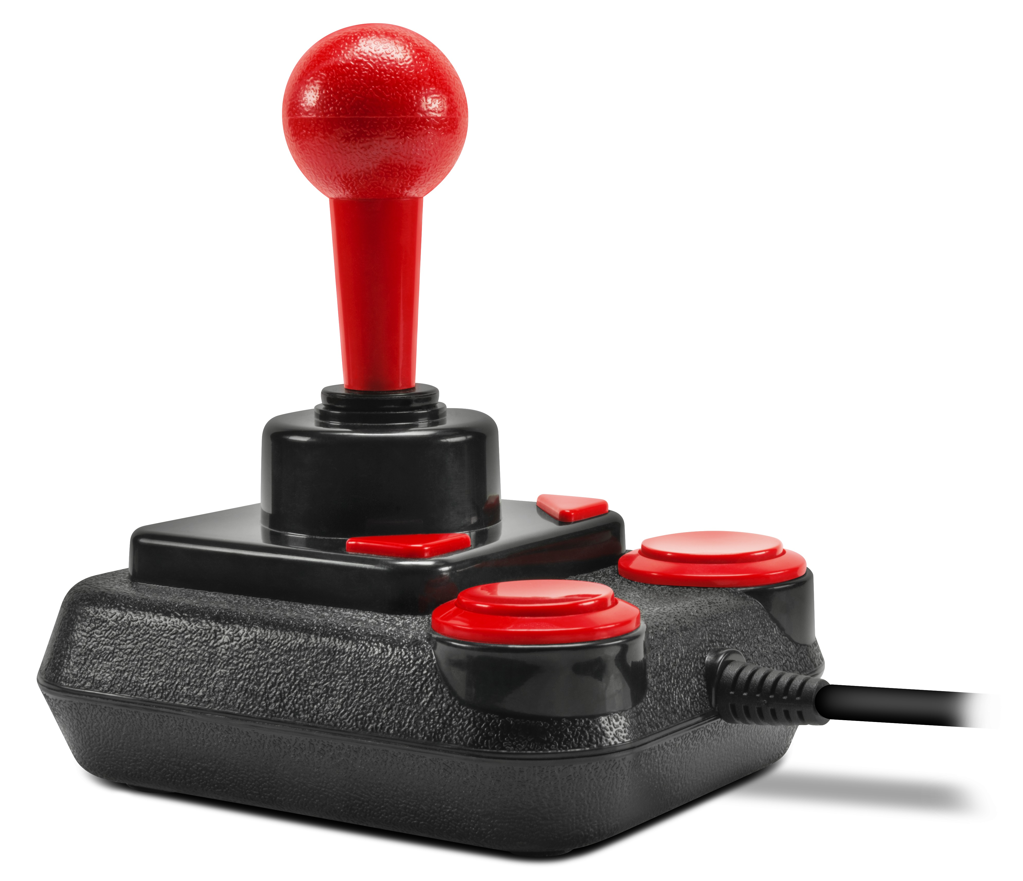 Schwarzer Retro-Joystick mit rotem Knauf und Knöpfen auf weißem Hintergrund.