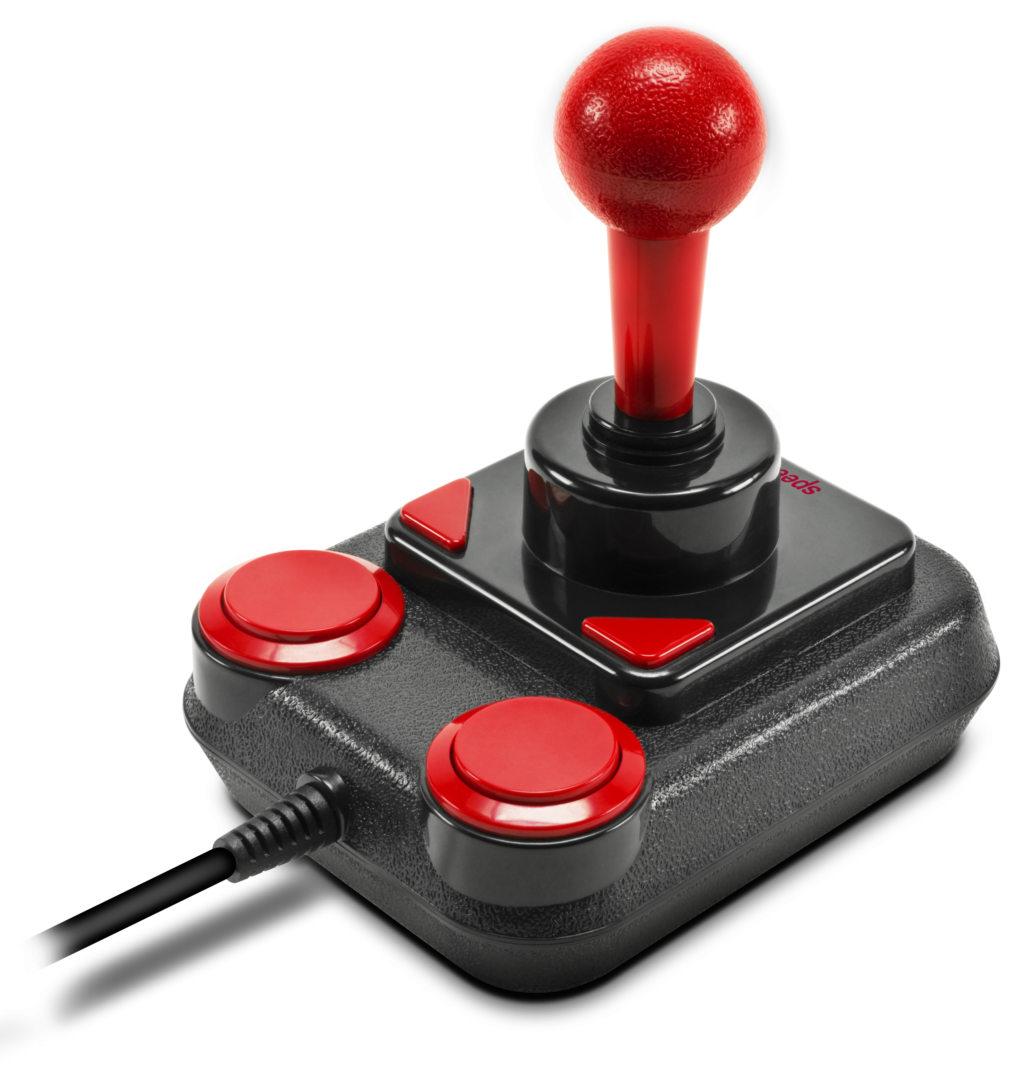 Roter Joystick mit schwarzer Basis, zwei roten Knöpfen und einem schwarzen Kabel.