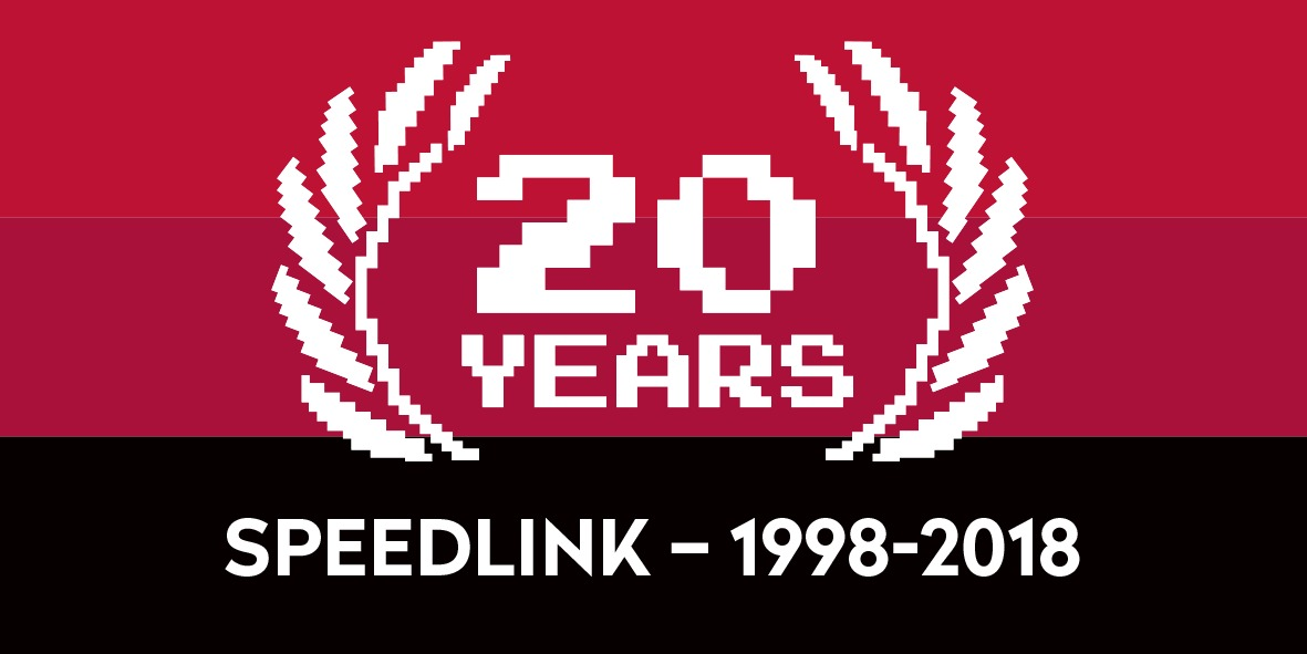 Banner mit rotem, weißen und schwarzen Farbschema. Es hat den Text '20 JAHRE' und 'SPEEDLINK'.