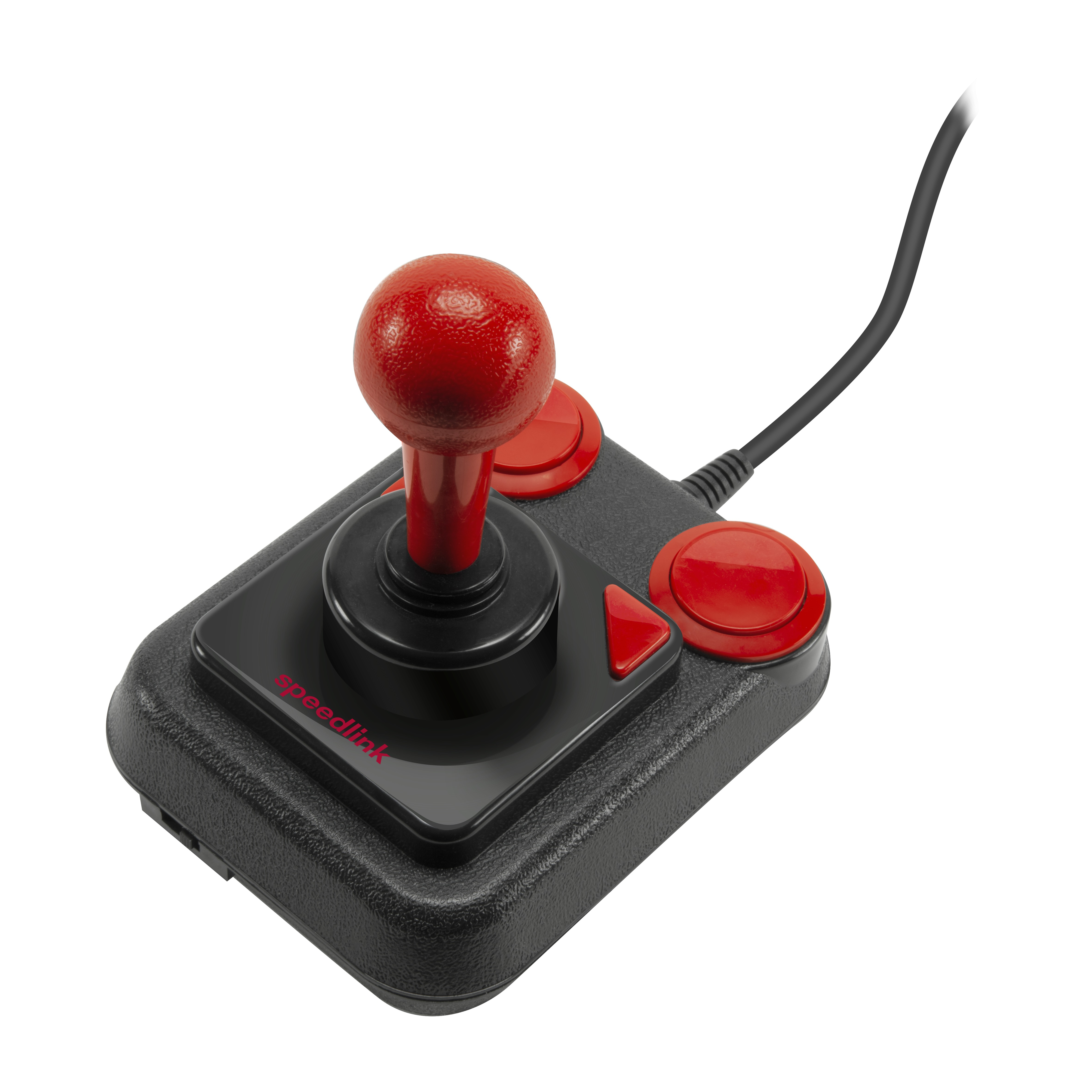 Schwarzer Joystick mit rotem Ball und Knöpfen, mit schwarzem Kabel. Weißer Hintergrund.
