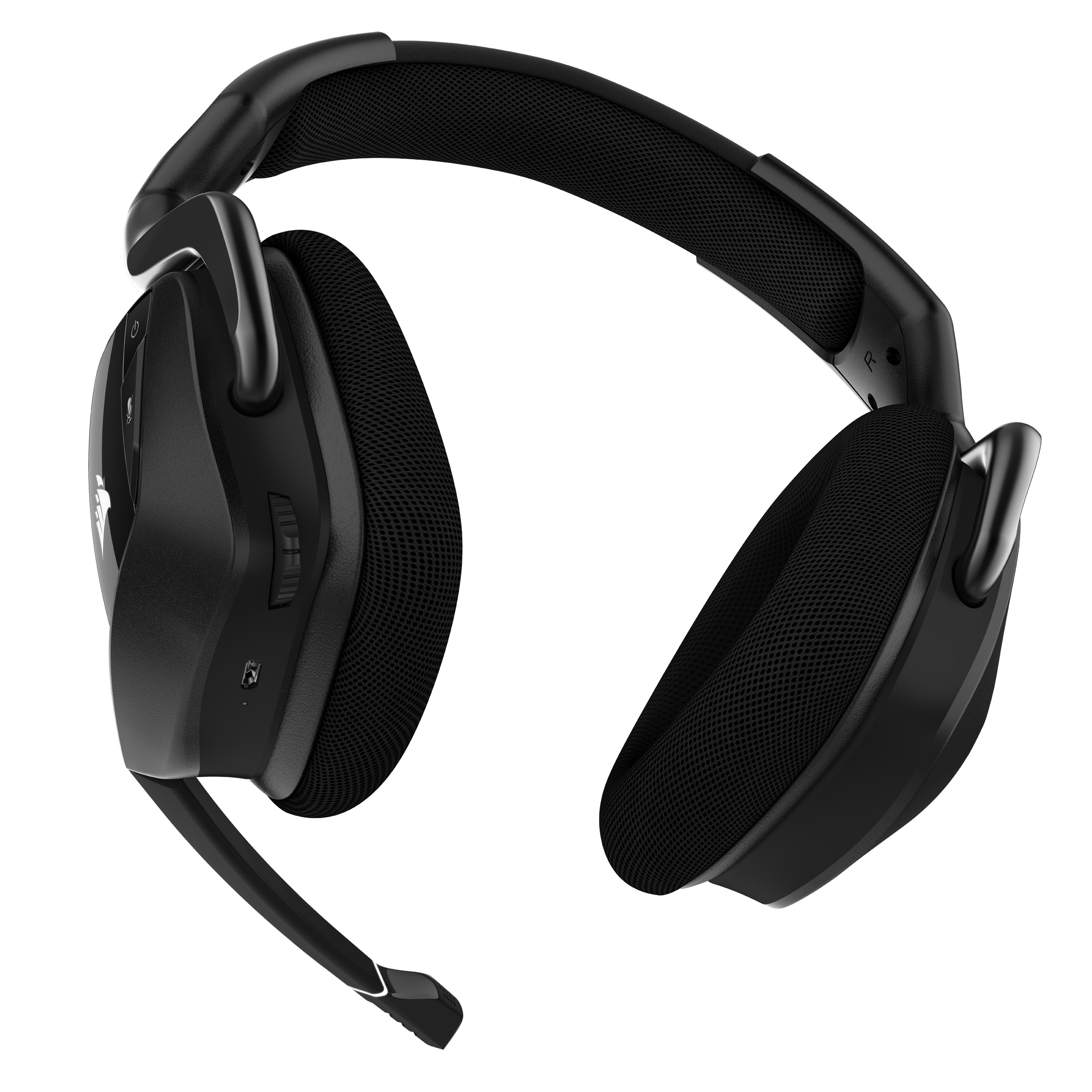 Schwarzes Headset mit Mikrofon. Ohrmuscheln sind groß und gepolstert. Kopfband ist ebenfalls gepolstert.