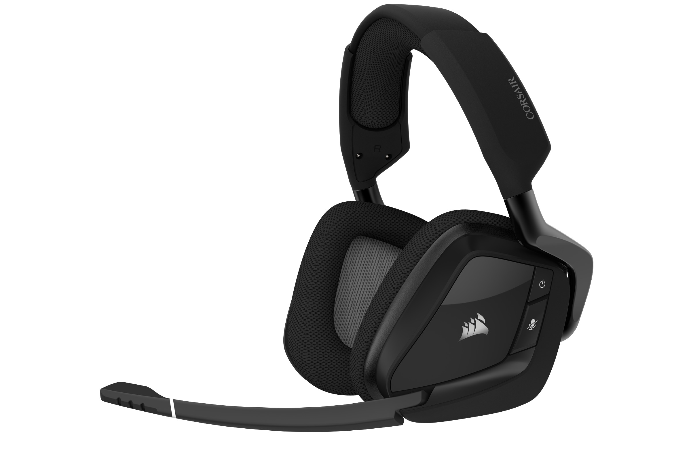 Schwarzes Corsair-Headset mit Mikrofon. Das Headset befindet sich auf weißem Hintergrund.