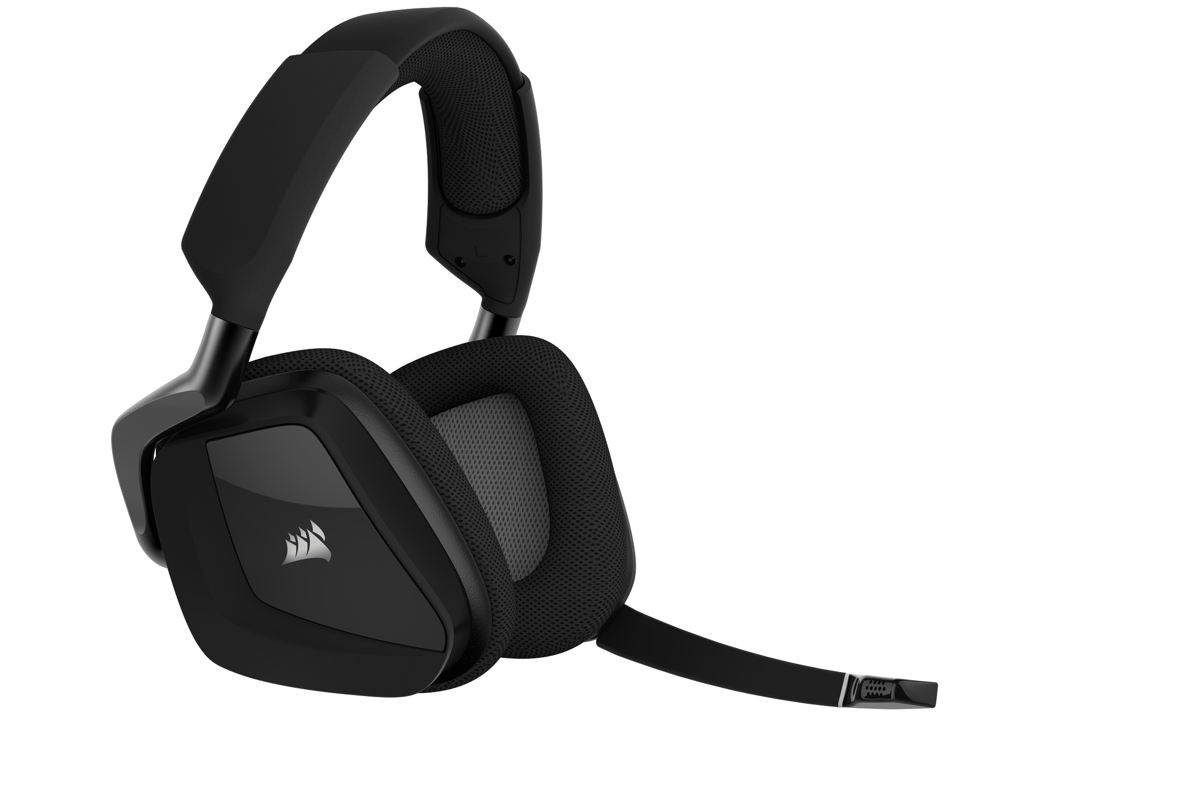 Schwarzes Corsair Gaming-Headset mit Mikrofon, isoliert auf Weiß.