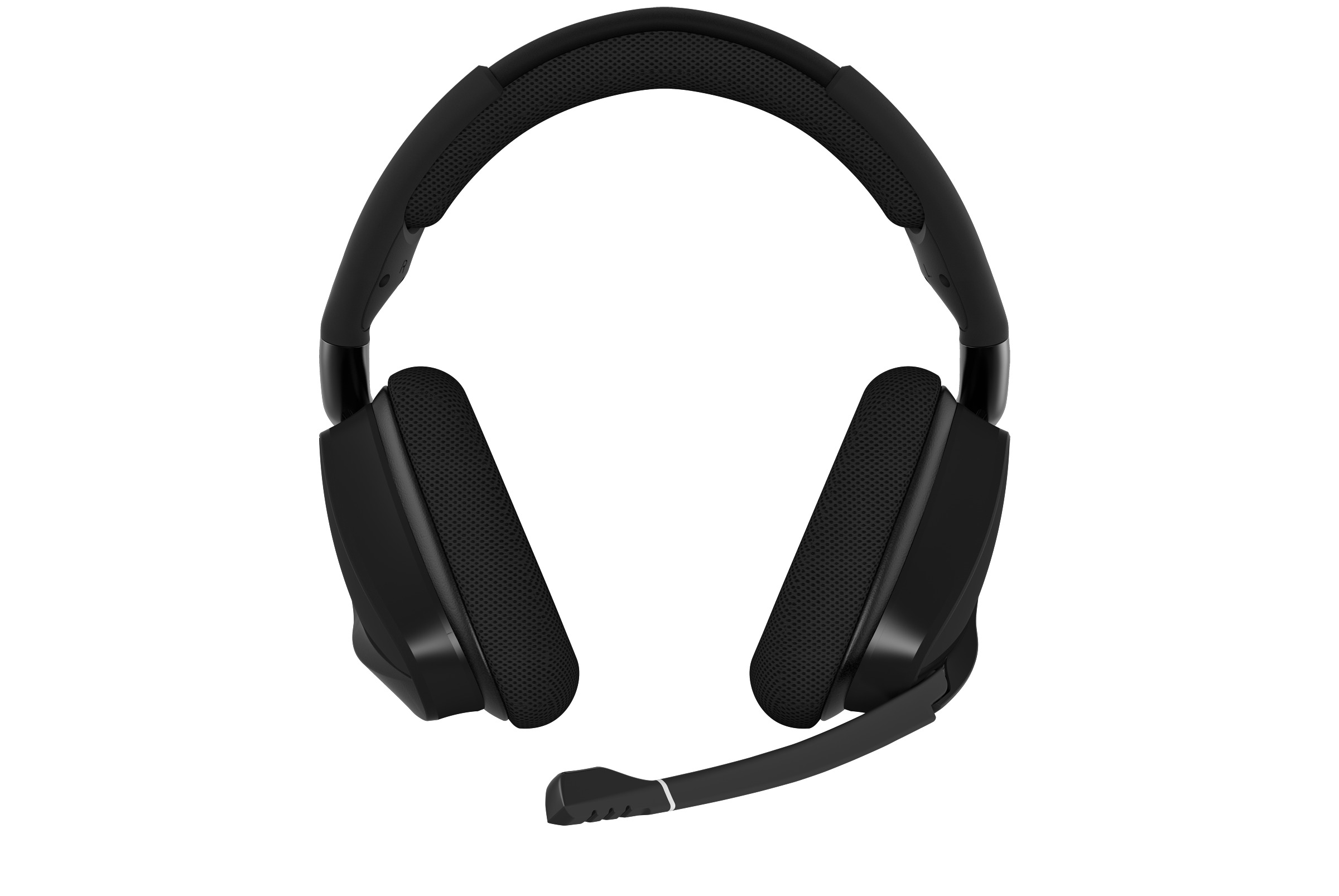 Schwarzes Gaming-Headset mit Mikrofon. Es befindet sich auf weißem Hintergrund.