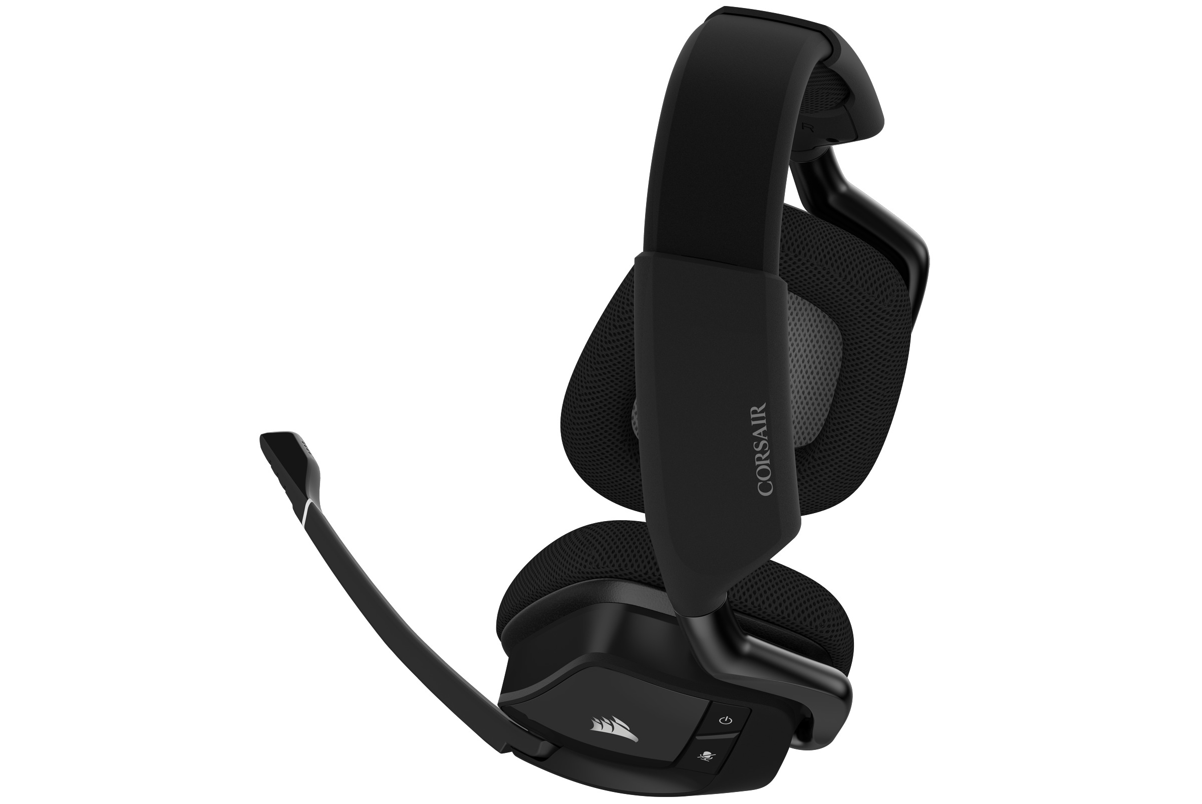 Schwarzes Corsair Gaming-Headset mit Mikrofon, isoliert auf Weiß.