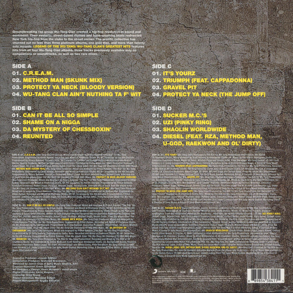 Egy zenei album borítójának hátulja. Az A, B, C és D oldalak dalszövegeket és krediteket mutatnak.
