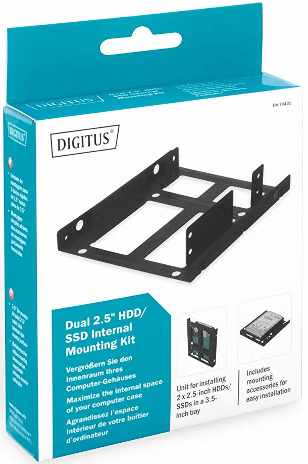 Een Digitus Dual 2,5" HDD/SSD montagekit in een doos. Het is zwart van kleur, met een afbeelding van het product.