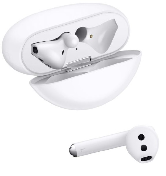 Estuche de auriculares blanco abierto con un auricular dentro y un auricular separado. Fondo blanco.