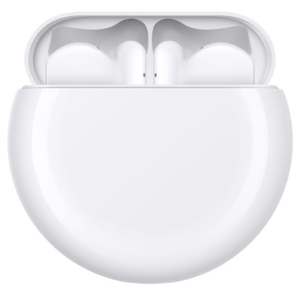 Estuche de carga blanco con tapa abierta, dos auriculares blancos dentro.