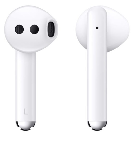 Dos auriculares inalámbricos blancos, uno de lado, el otro de frente, sobre un fondo blanco.