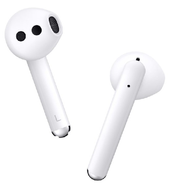 Dos auriculares inalámbricos blancos sobre un fondo blanco, con una 'L' en un auricular.