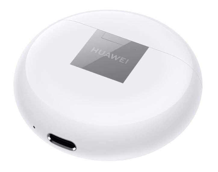 Funda de carga de auriculares inalámbricos redonda blanca con tapa gris y el logotipo de Huawei.