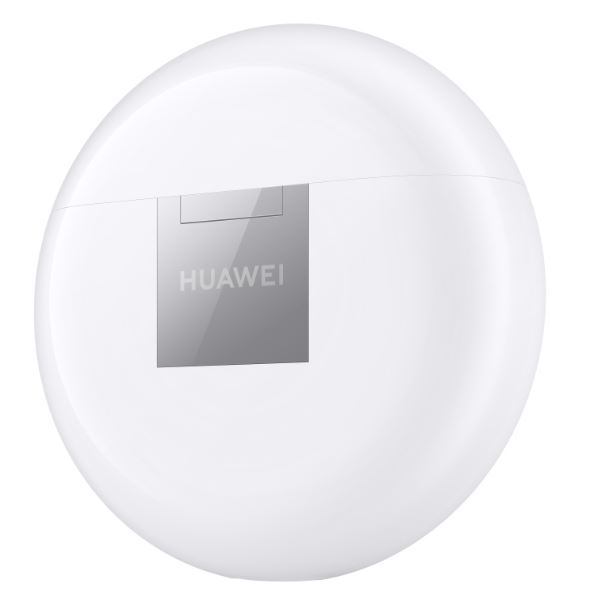 Estuche blanco y redondeado para auriculares. Logotipo Huawei plateado al frente.