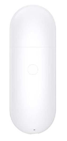 Estuche de carga blanco con un solo botón y un puerto de carga.