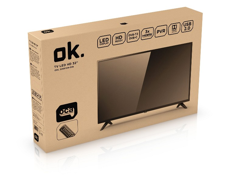Una caja de cartón con un televisor dentro. La caja tiene texto e imágenes impresas.