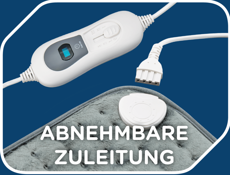 Un termoforo bianco con pannello di controllo grigio e cavo di alimentazione rimovibile. Il cuscino è grigio. Testo: 'ABNEHMBARE ZULEITUNG'.