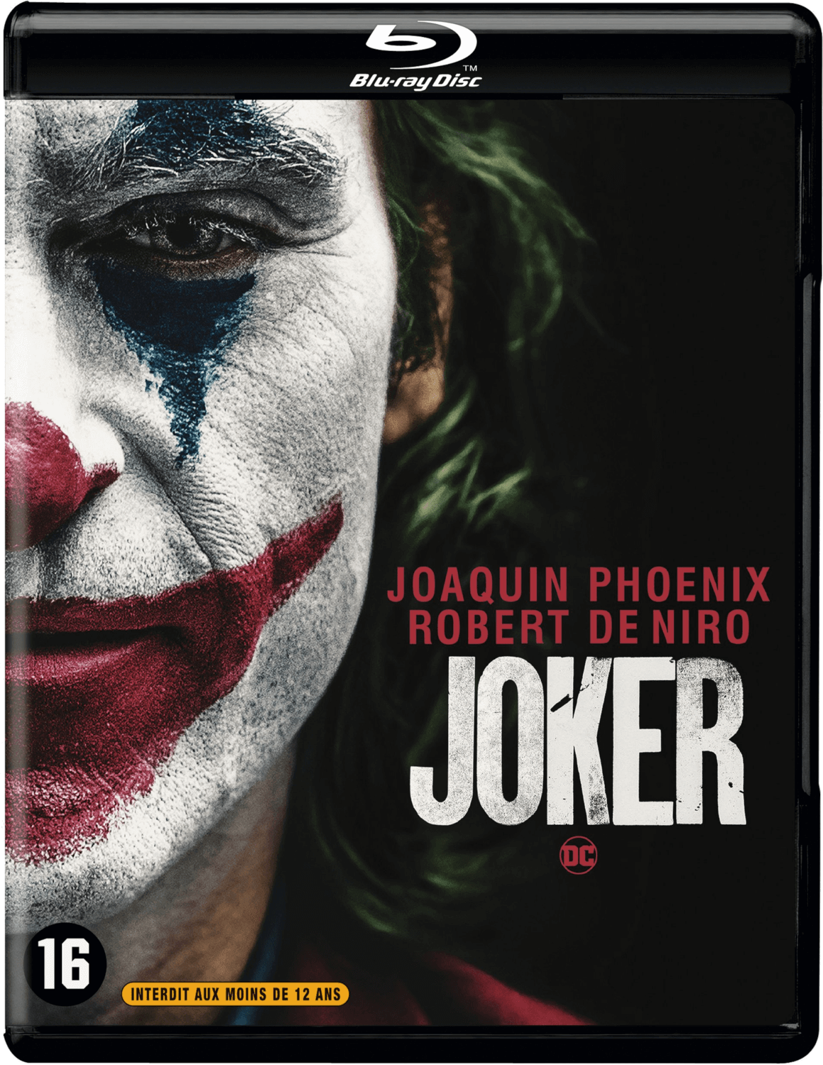 Couverture Blu-ray de Joker. Joaquin Phoenix avec du maquillage de clown. Texte et logo Blu-ray sur la couverture.