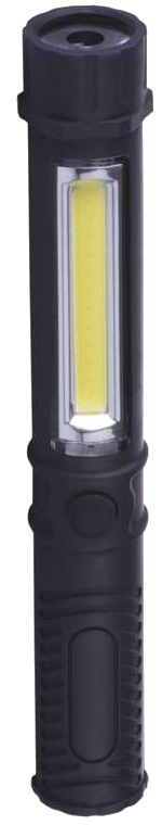 Fekete zseblámpa középen LED-fénnyel. Egy gomb a fény alatt található. A háttér fehér.