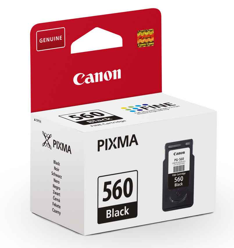 Canon Pixma 560 Schwarze Tintenpatronenbox. Die Box ist rot und weiß, mit einer schwarzen Tintenpatrone.