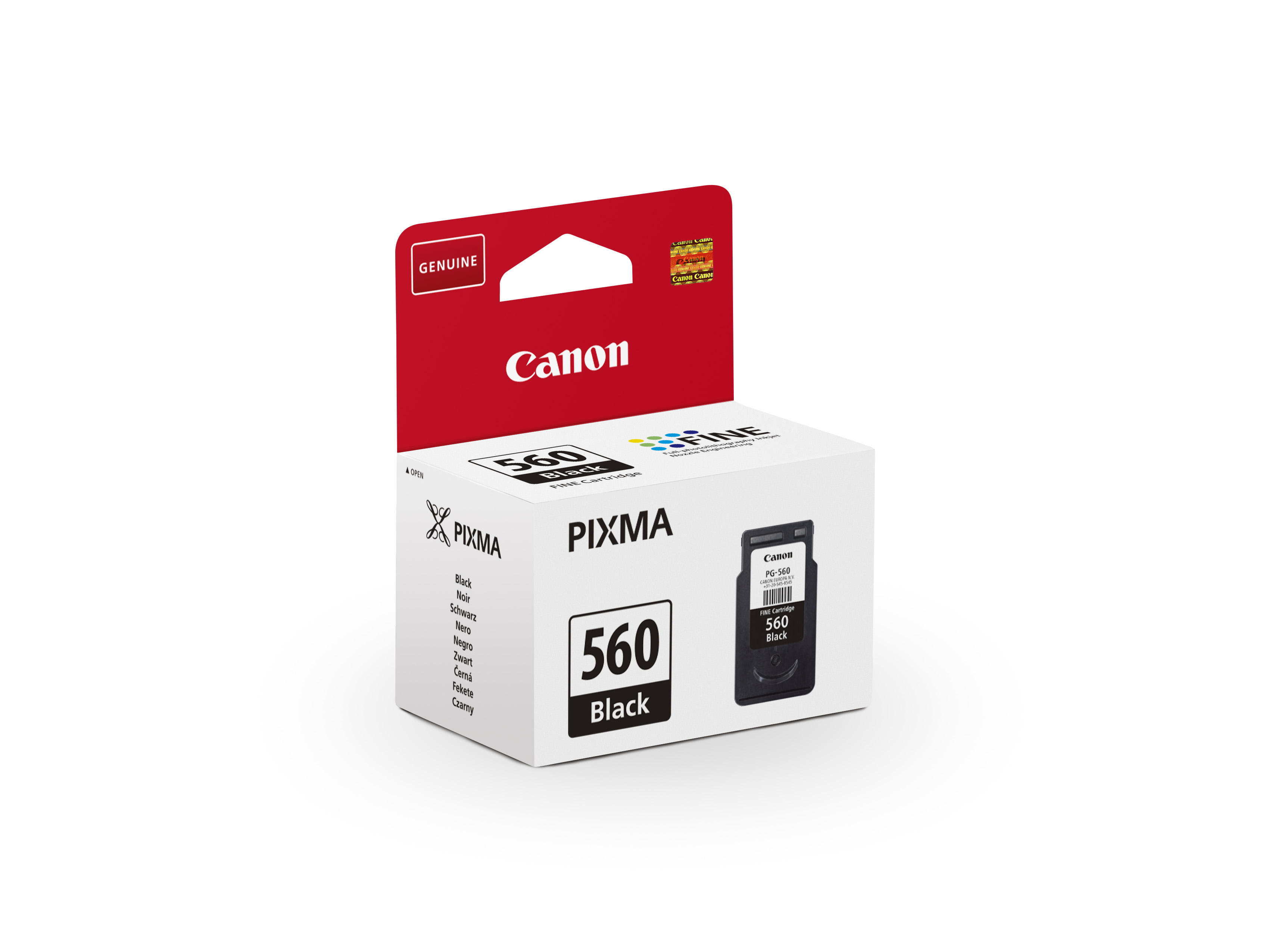 Canon 560 schwarze Tintenpatronenbox mit echtem Etikett, auf weißem Hintergrund.