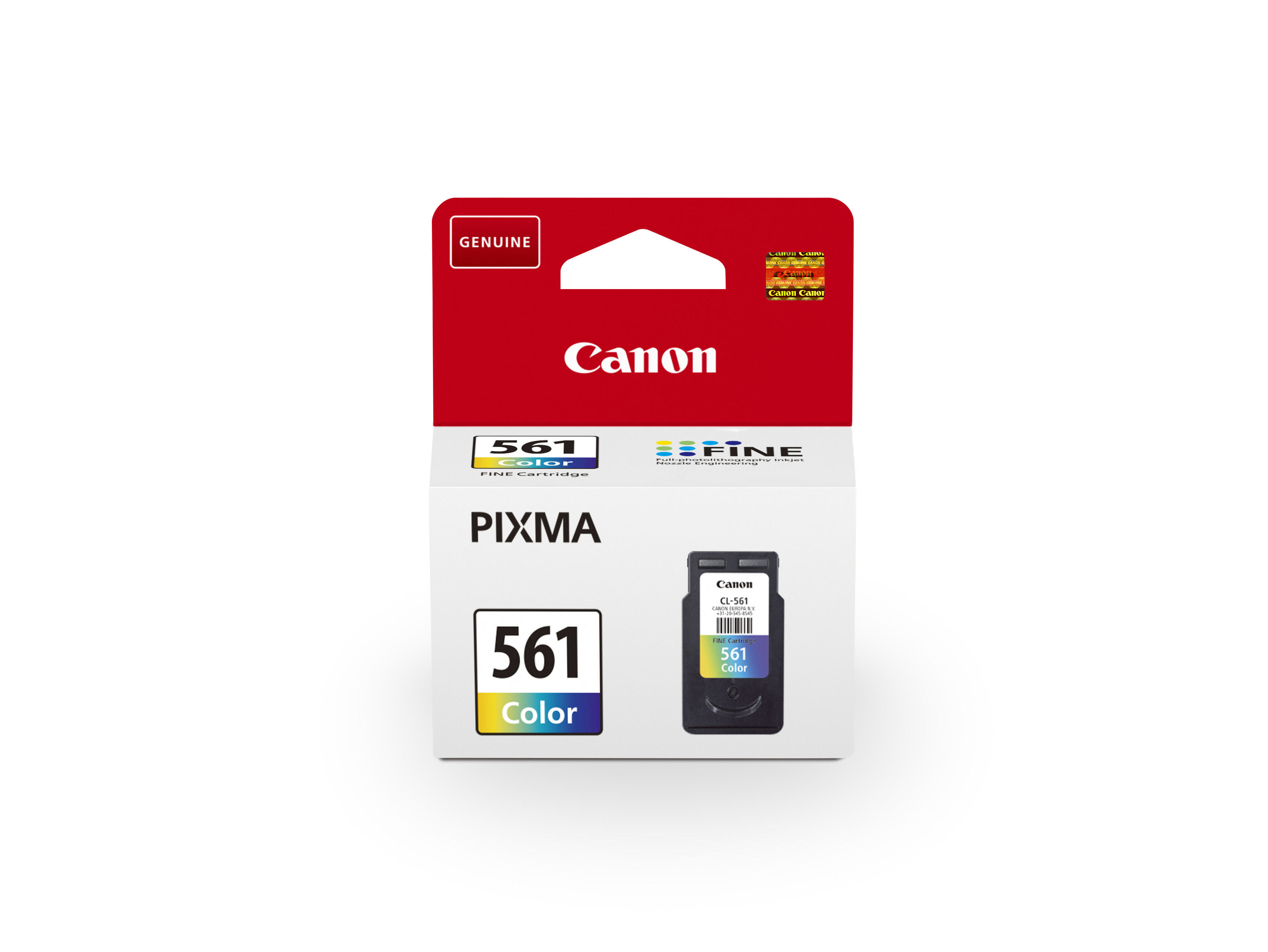 Canon 561 Farbpatronenbox. Roter Deckel mit Canon-Logo, das Patronenbild auf der Box.
