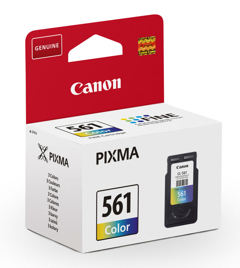 Canon Tintenpatronenbox mit einem Bild der Patrone. Weiße Box und roter Deckel. Der Hintergrund ist schlicht.