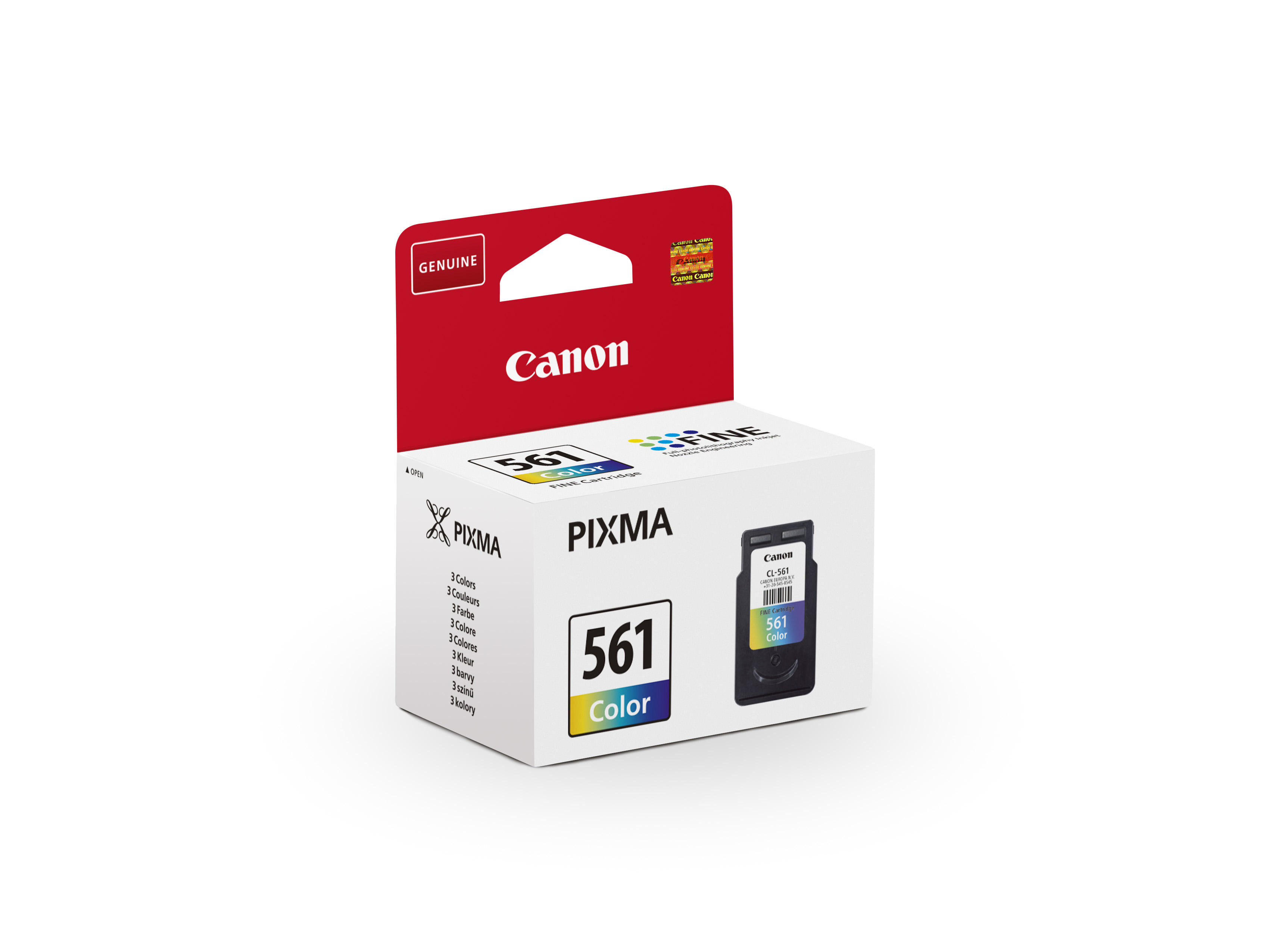Canon Tintenpatronenbox, weiß und rot. Die Box zeigt eine Druckerpatrone und das Canon-Logo.