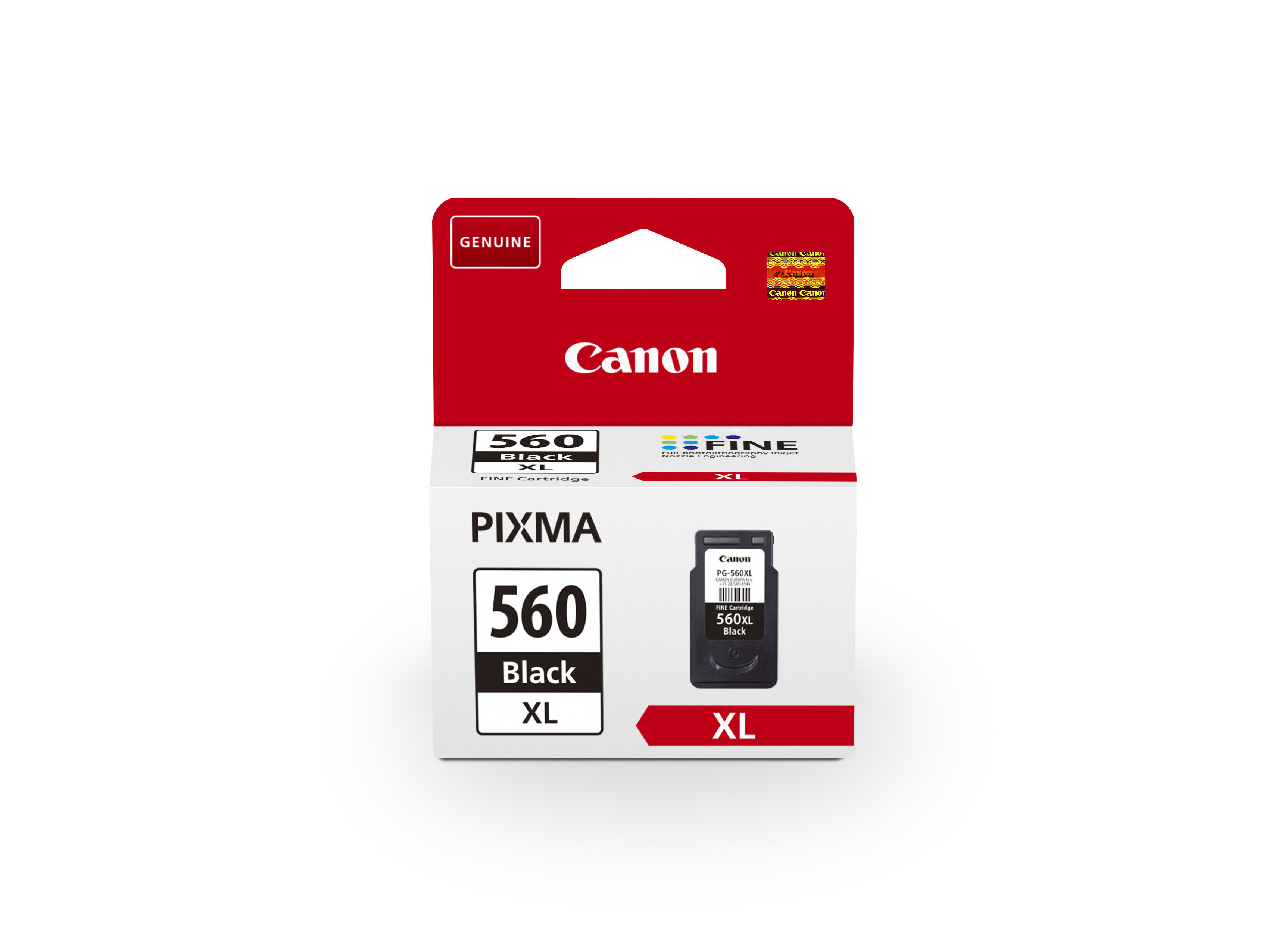Eine Canon 560 Black XL Tintenpatrone in ihrer Verpackung. Die Verpackung ist rot und weiß.