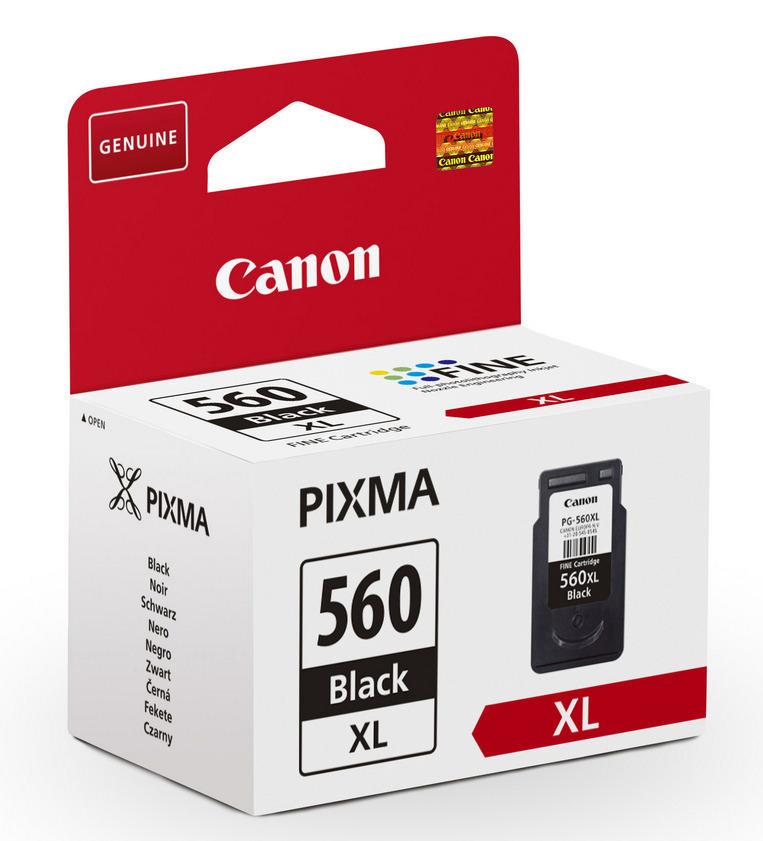 Canon Pixma 560 Black XL Tintenpatrone, in einer weißen Box mit roten Akzenten. Schwarze Patrone sichtbar.