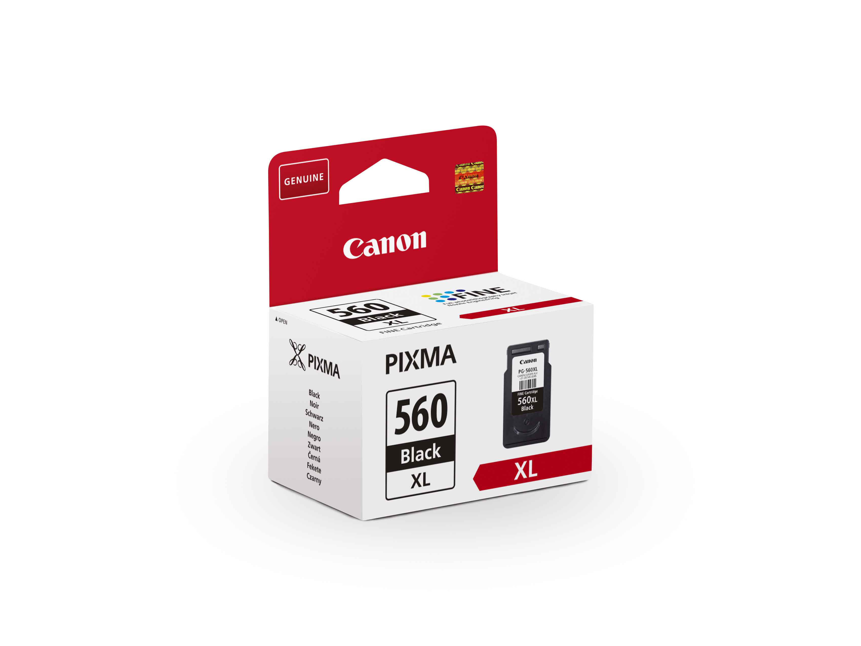 Canon PIXMA 560 Black XL Tintenpatronenverpackung, weißer Hintergrund, roter Akzent.