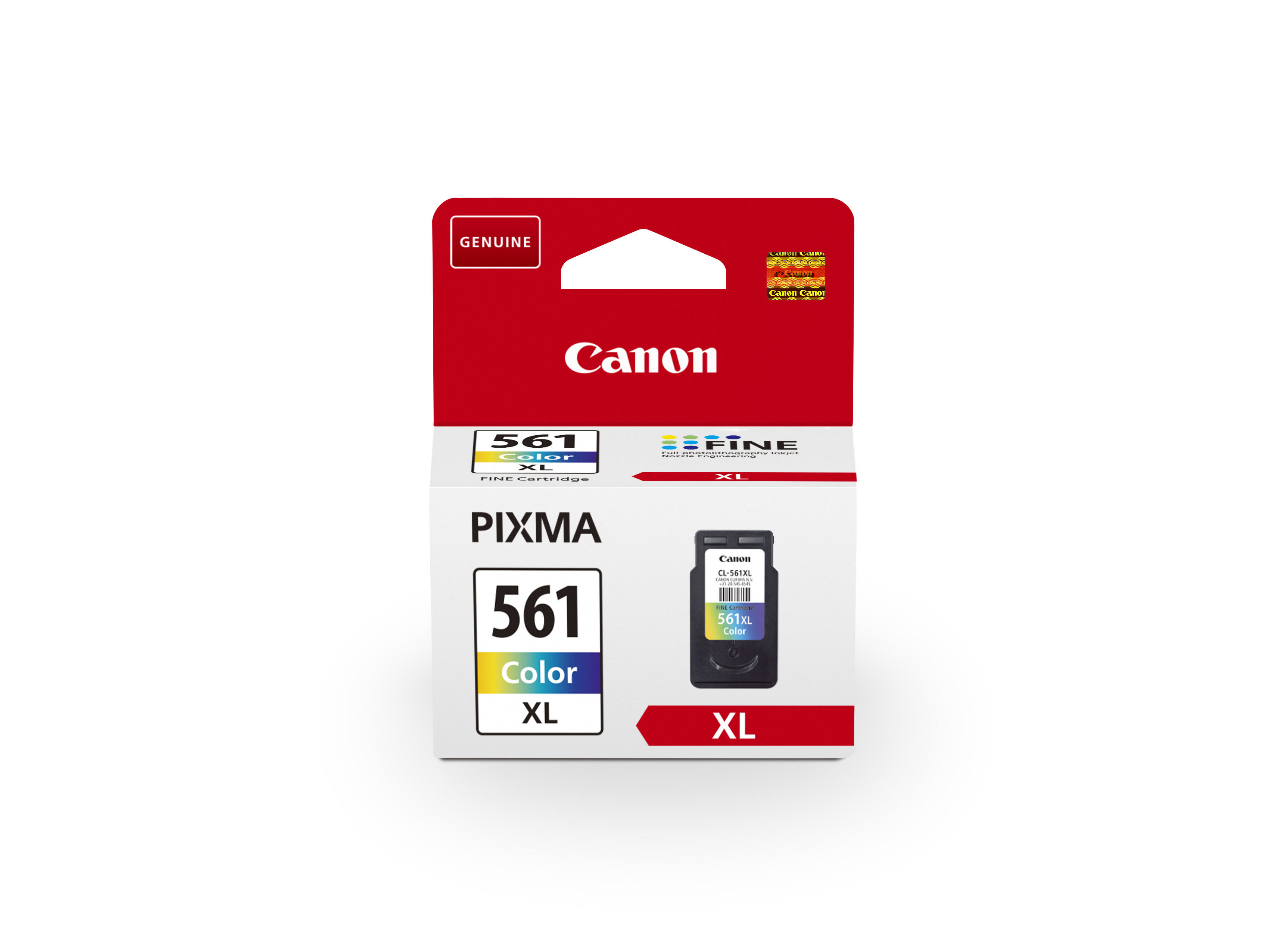 Canon 561 Color XL Tintenpatrone in der Verpackung, vor weißem Hintergrund.