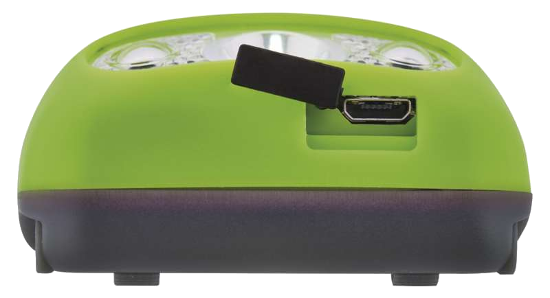Zöld-fekete fejlámpa USB porttal, három fénnyel a tetején.