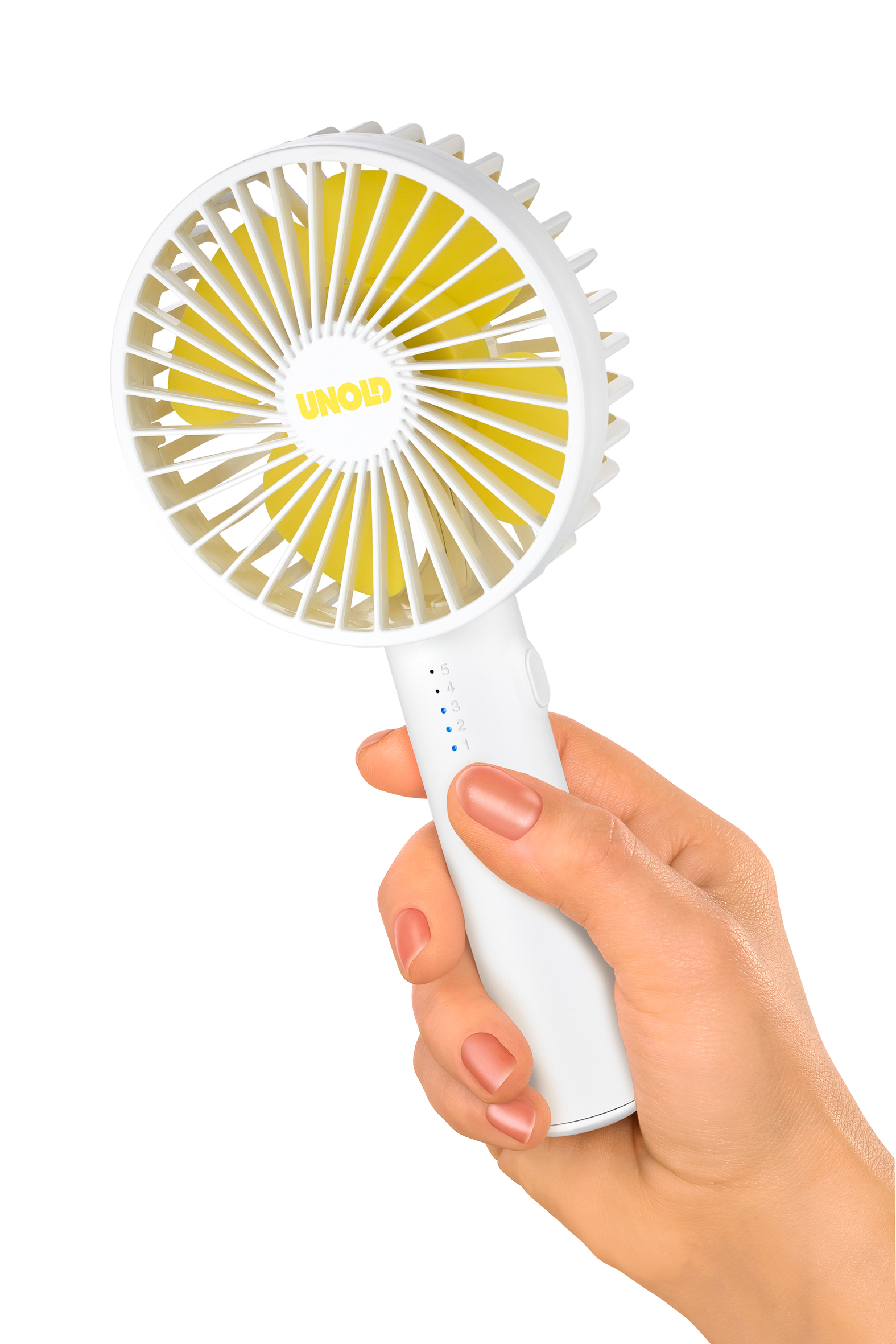 Eine Hand hält einen weißen Ventilator mit gelben Rotorblättern und dem Logo 