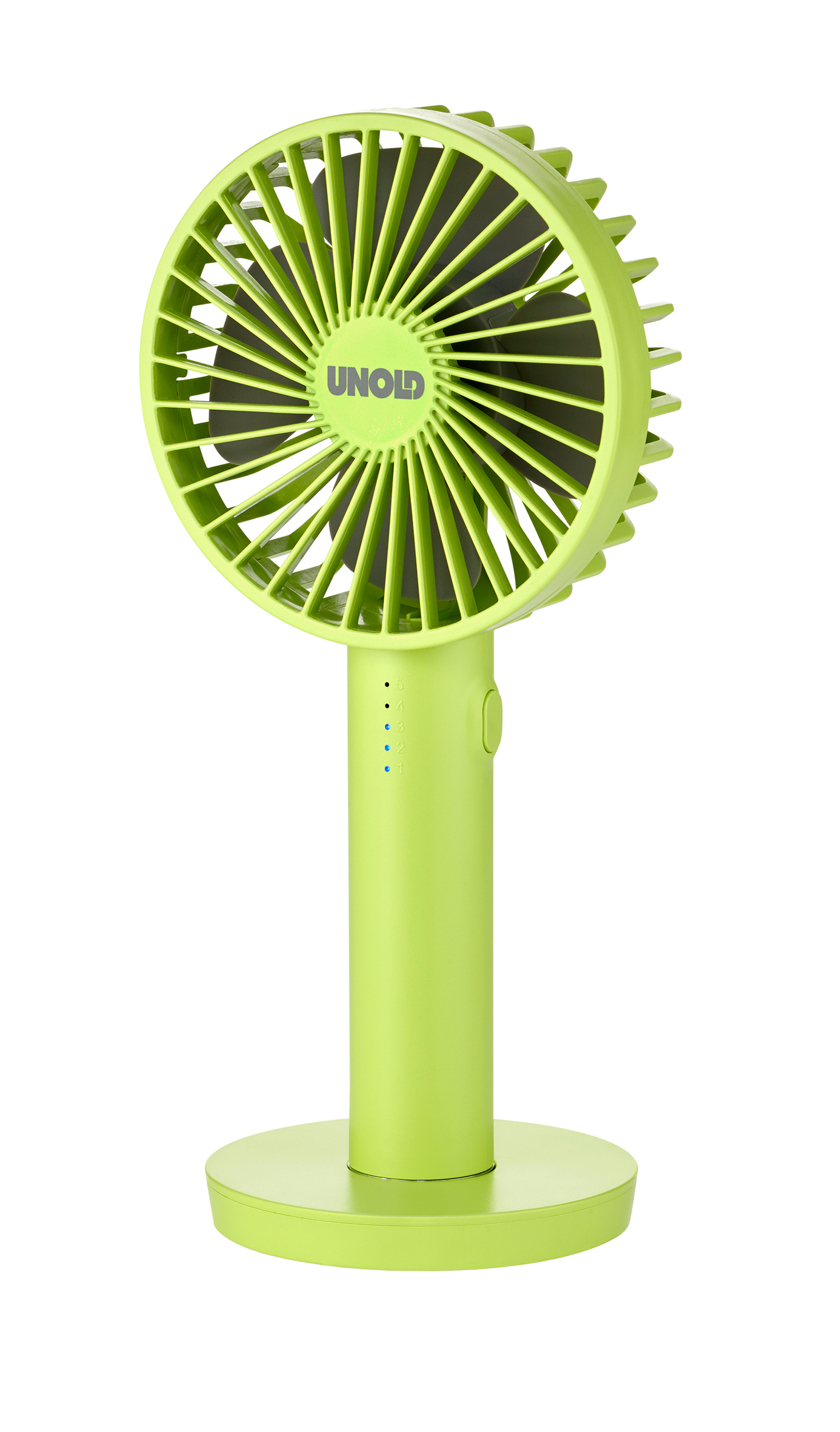 Ein leuchtend grüner tragbarer Ventilator mit der Aufschrift UNOLD auf dem Gitter.