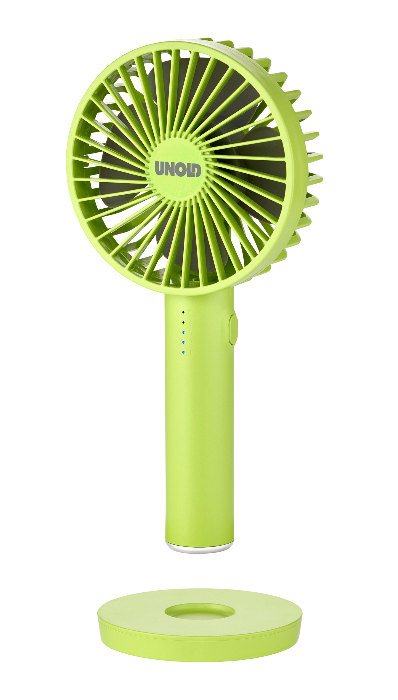 Ein kleiner, hellgrüner Ventilator mit UNOLD-Logo und Ladestandsanzeige.