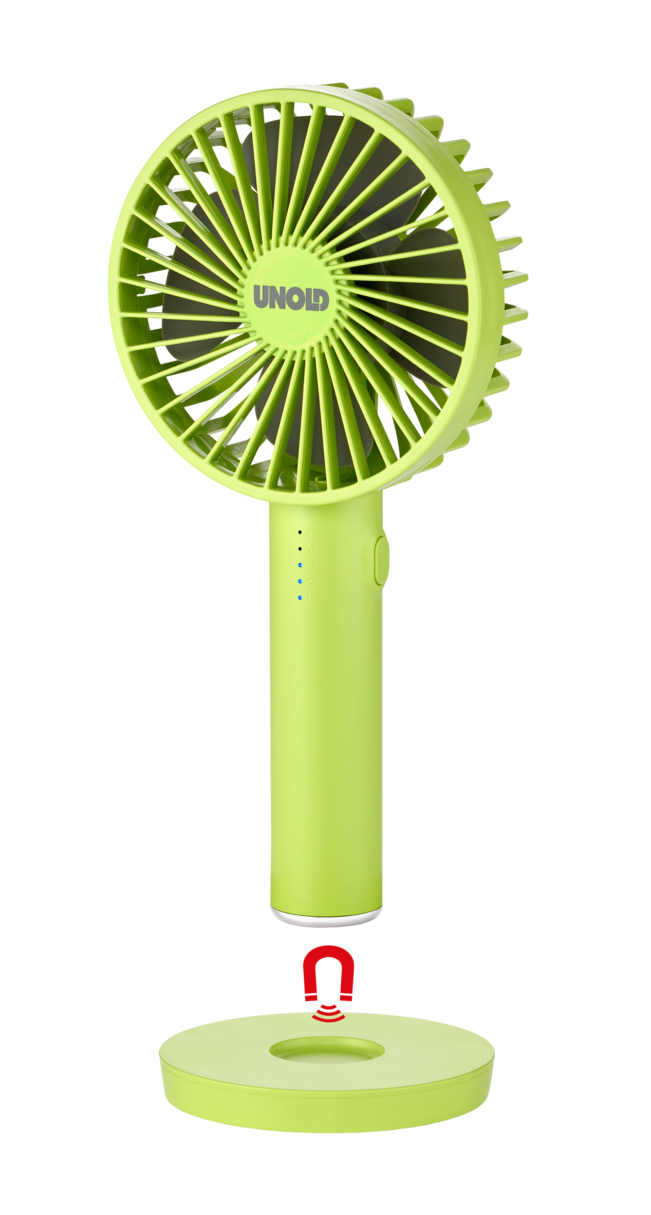 Ein hellgrüner Handventilator mit UNOLD-Logo und Ladeanzeige.