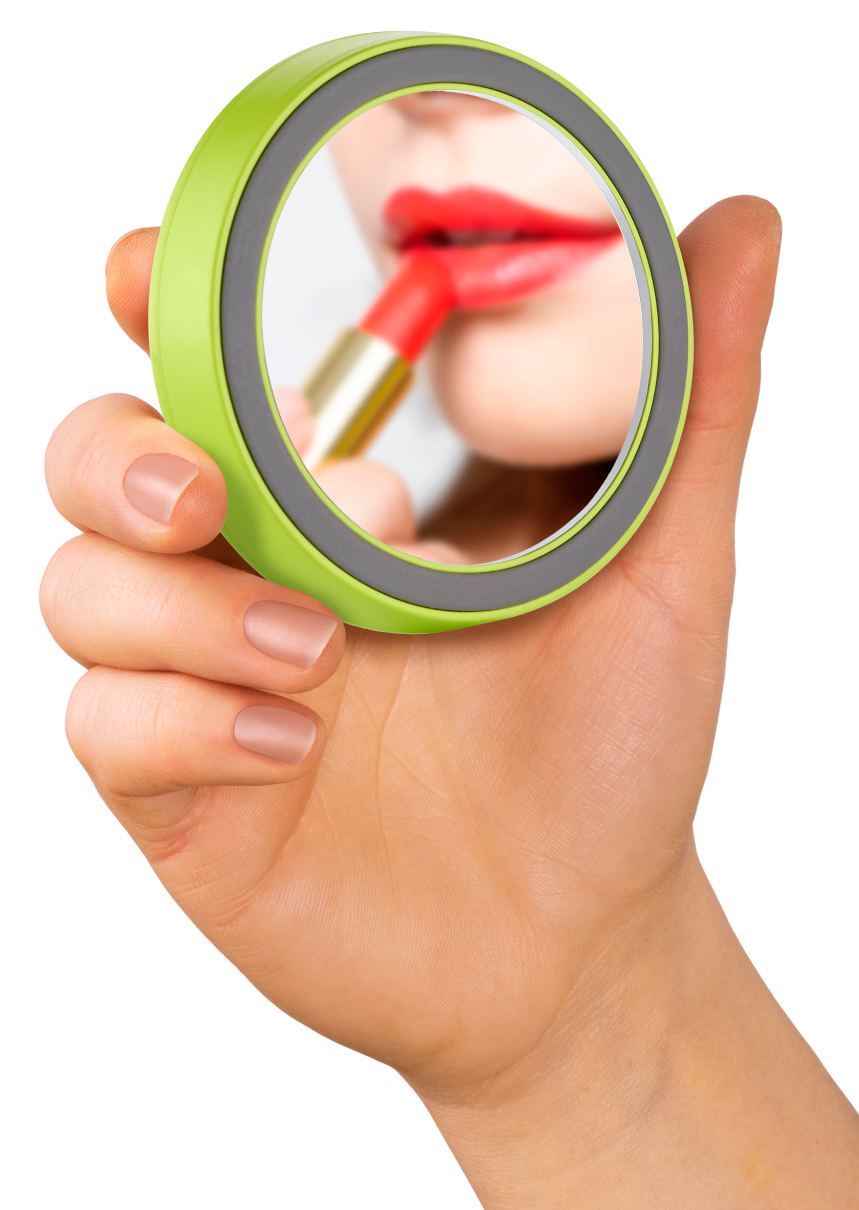 Eine Hand hält einen grünen Spiegel. Lippenstift wird auf die Lippen aufgetragen.