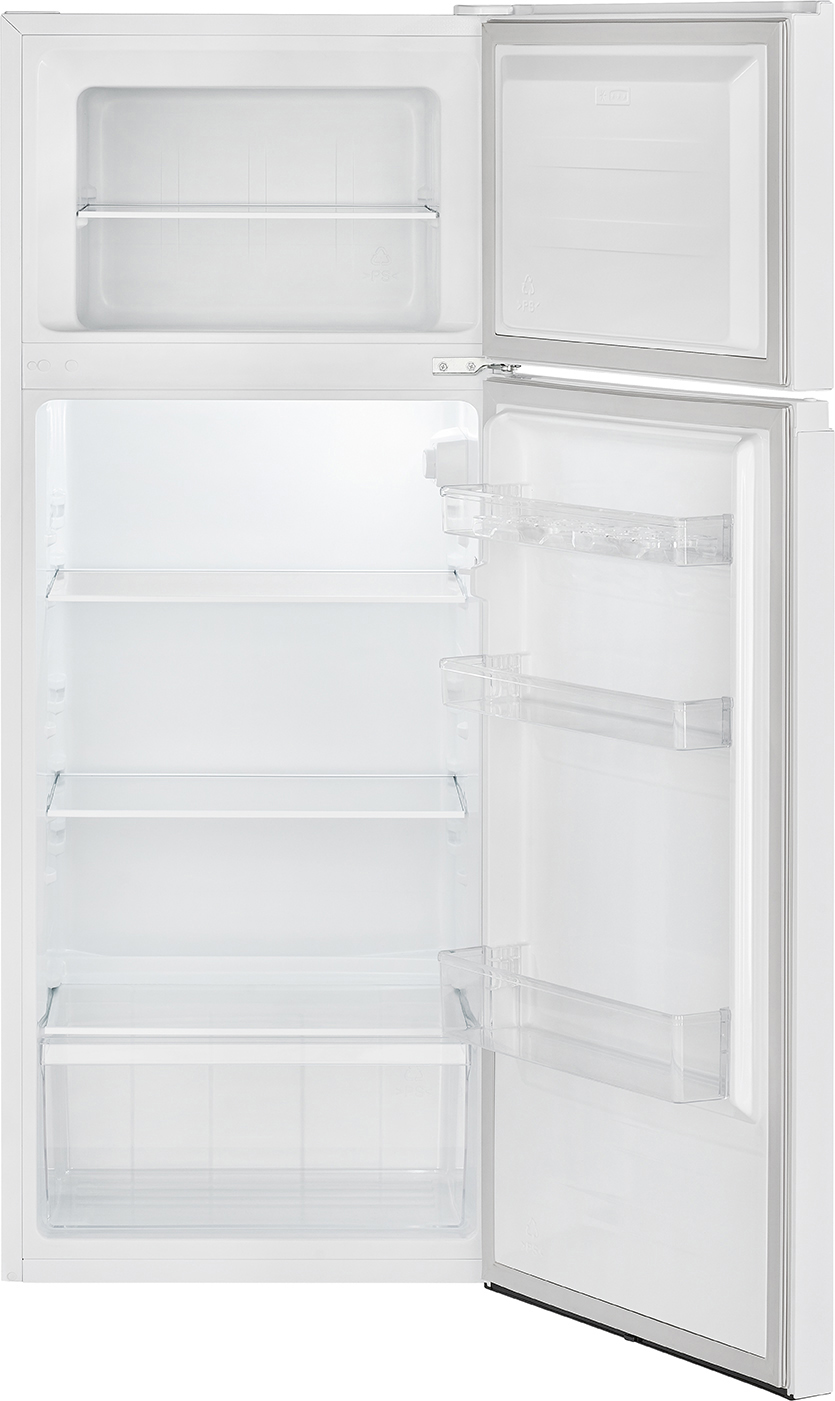 Ein leerer weißer Kühlschrank mit offen stehender Tür und mehreren Regalen.