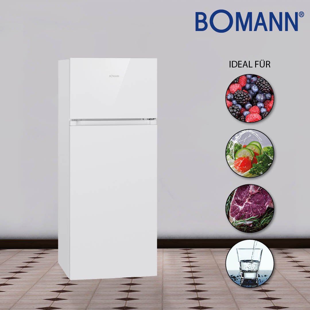 Weißer Bomann Kühlschrank mit Gefrierfach, daneben runde Bilder von Beeren, Salat und rohem Fleisch.