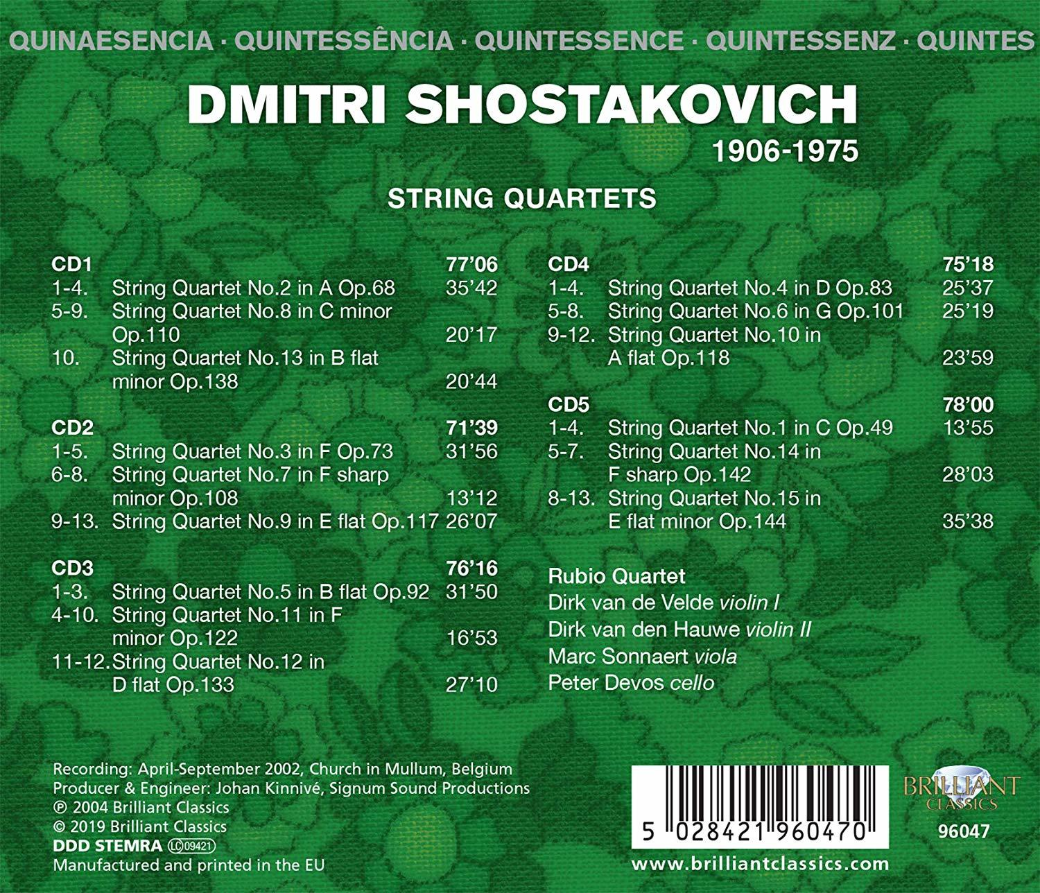 Ein CD-Cover mit Text in Grün und Weiß, das Dmitri Schostakowitschs Streichquartette auflistet.