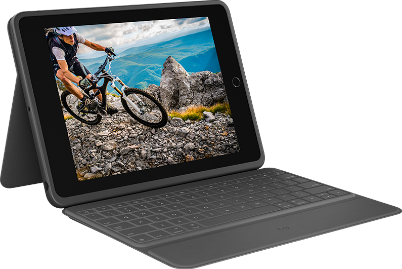 Tablet met toetsenbordhoes toont een persoon die op een mountainbike rijdt op een berg.
