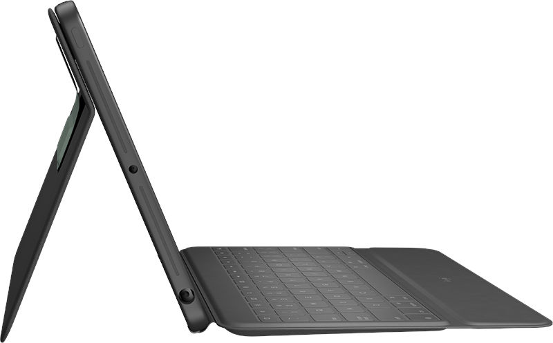 Een grijze tablet met een toetsenbordhoes, van de zijkant gezien.