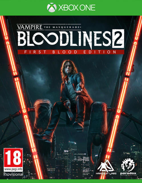 Couverture de jeu. Un homme aux cheveux longs est assis. Titre "Vampire: The Masquerade - Bloodlines 2". Logo Xbox One. Bâtiments en arrière-plan.