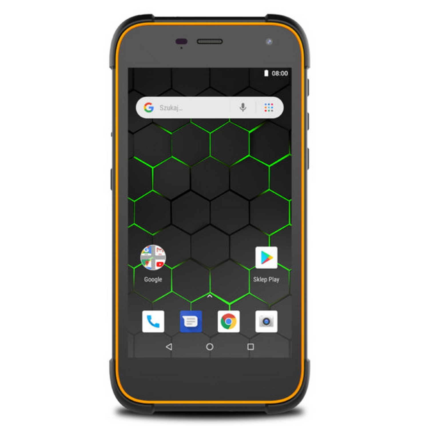 Un teléfono inteligente que muestra la pantalla de inicio. El teléfono tiene un cuerpo negro con un contorno naranja.