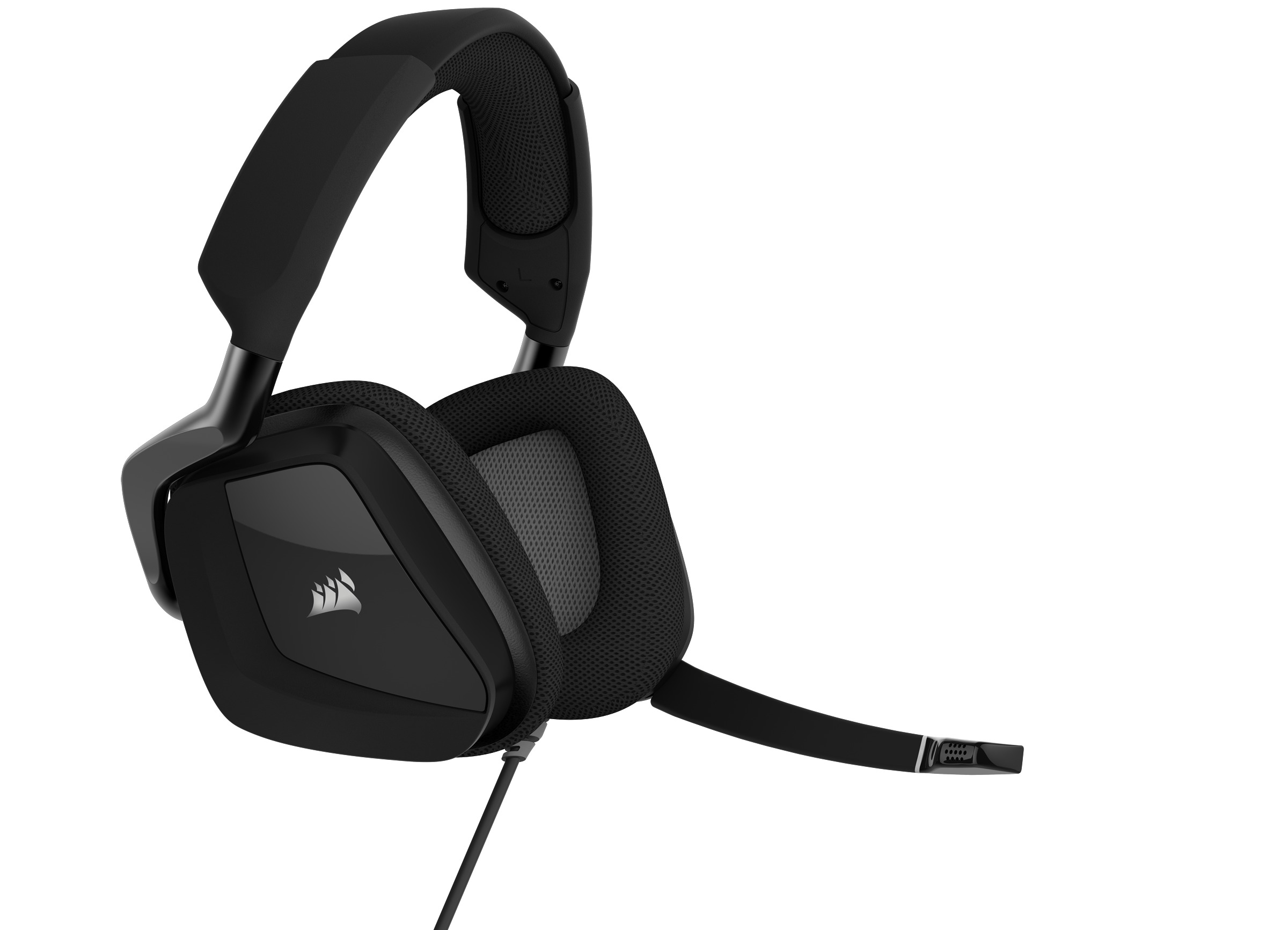 Schwarzes Gaming-Headset mit Mikrofon und Corsair-Logo, auf weißem Hintergrund.