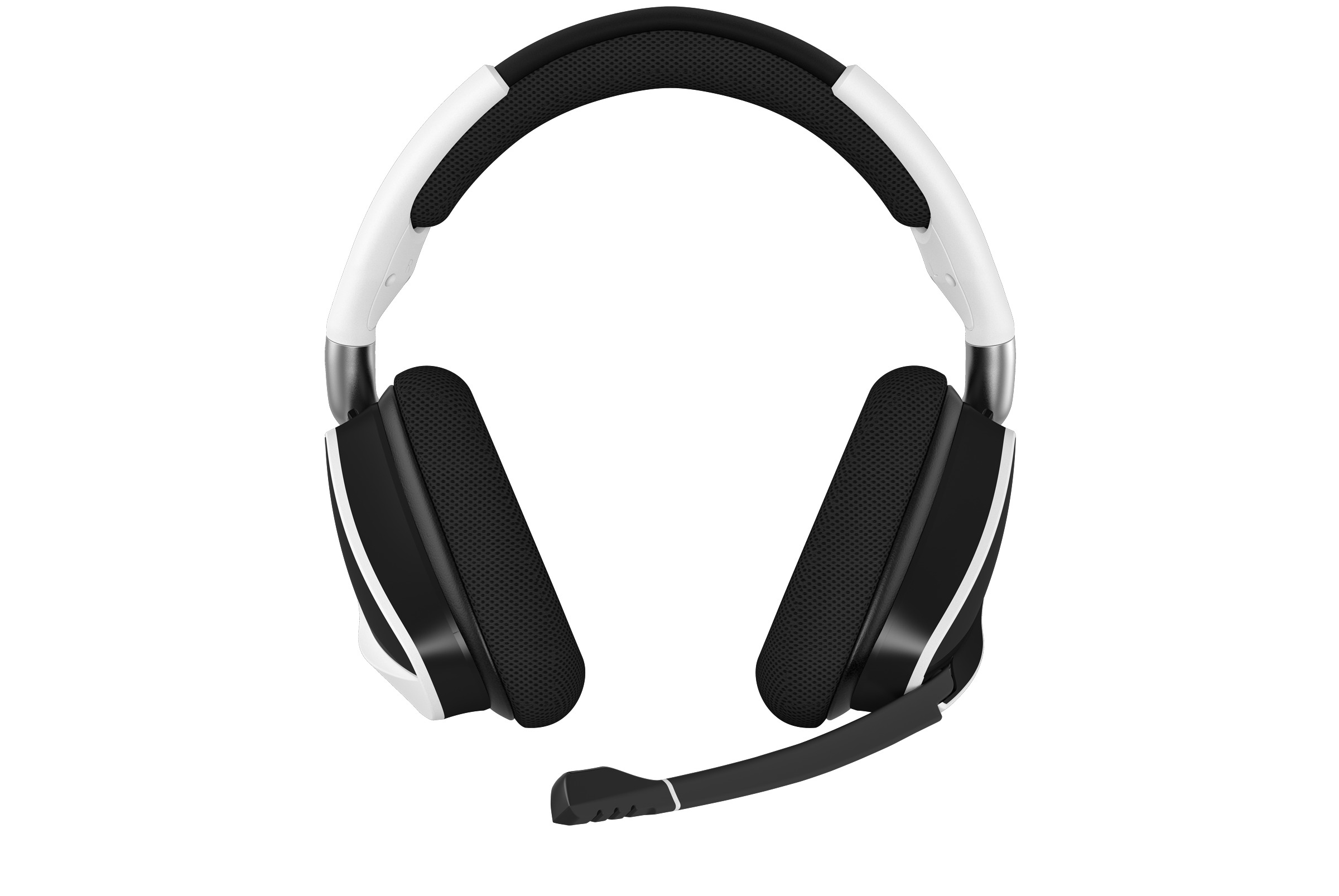 Weißes und schwarzes Headset mit Mikrofon. Das Headset befindet sich auf weißem Hintergrund.